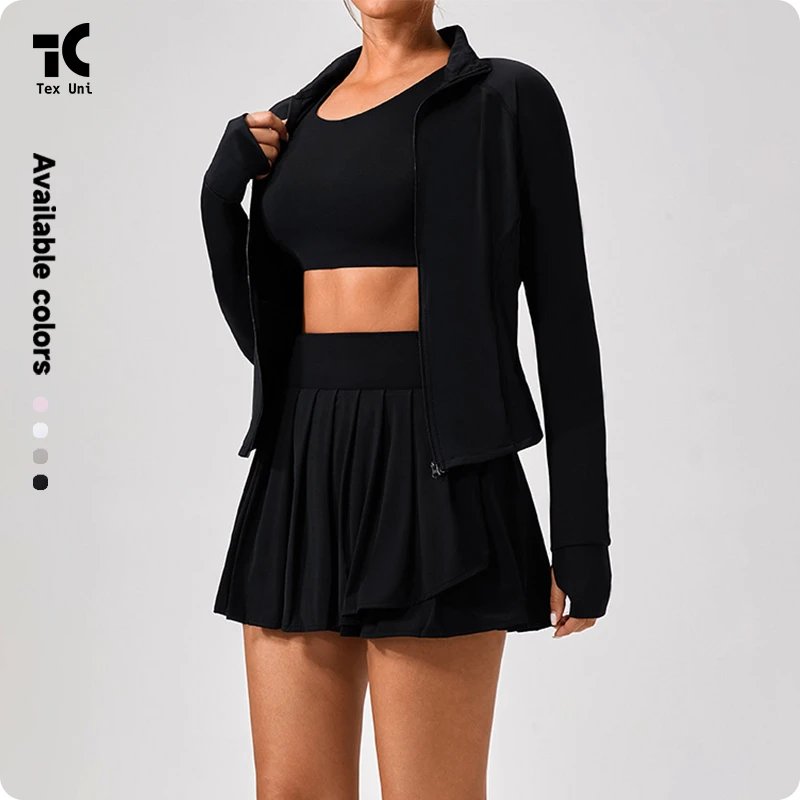 OEM 2 Piece Women Yoga Set Ice Sensitive Sunscreen Jacket Pleated Skirt and Tank Top Activewear With Custom Logo