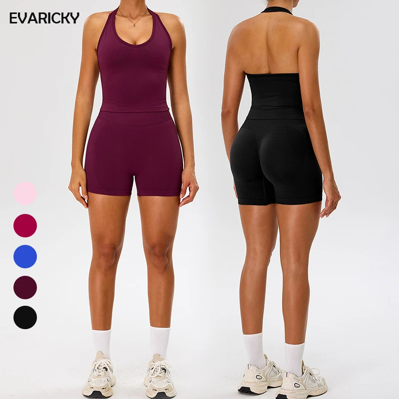 Evaricky Gym Yoga Set Women Backless Halter Tank Tops Scrunch Seamless Shorts Gym Suit Fitness Clothes Activewear Workout Sets