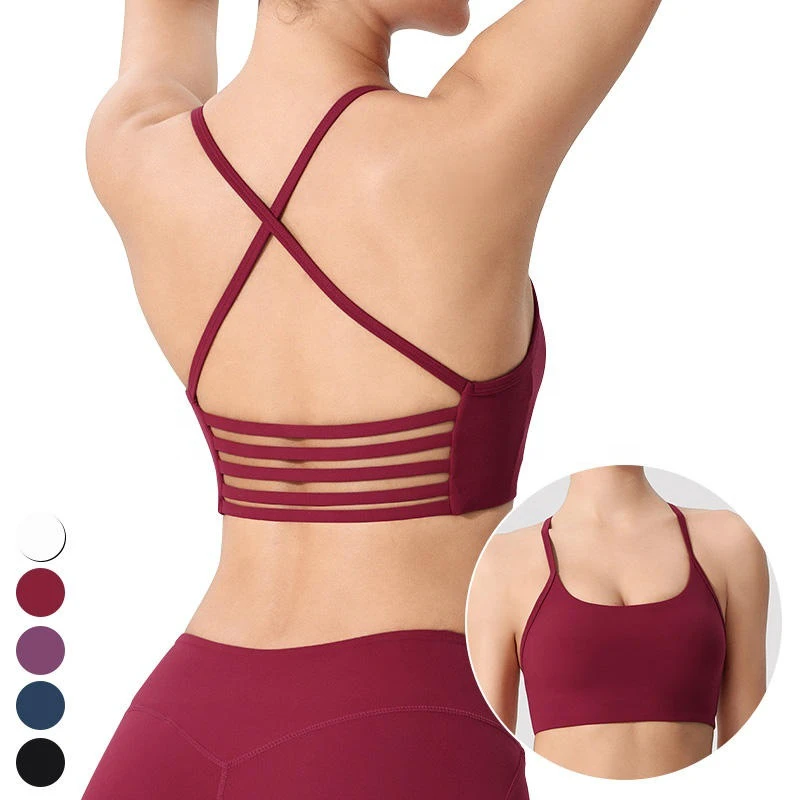Light Strength Thin Straps Cross Hollow Out Gathered Sport Bra Removable Padded Yoga Wear Gym Fitness Tank Top Sports Bra Women