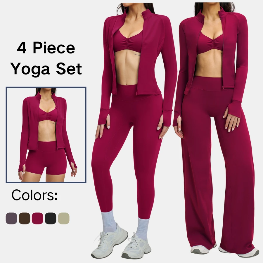 5 Piece Set Womens Square Neck Tank Zip up Jacket High Waist Shorts Leggings Wide Leg Pants Yoga Gym Workout Fitness