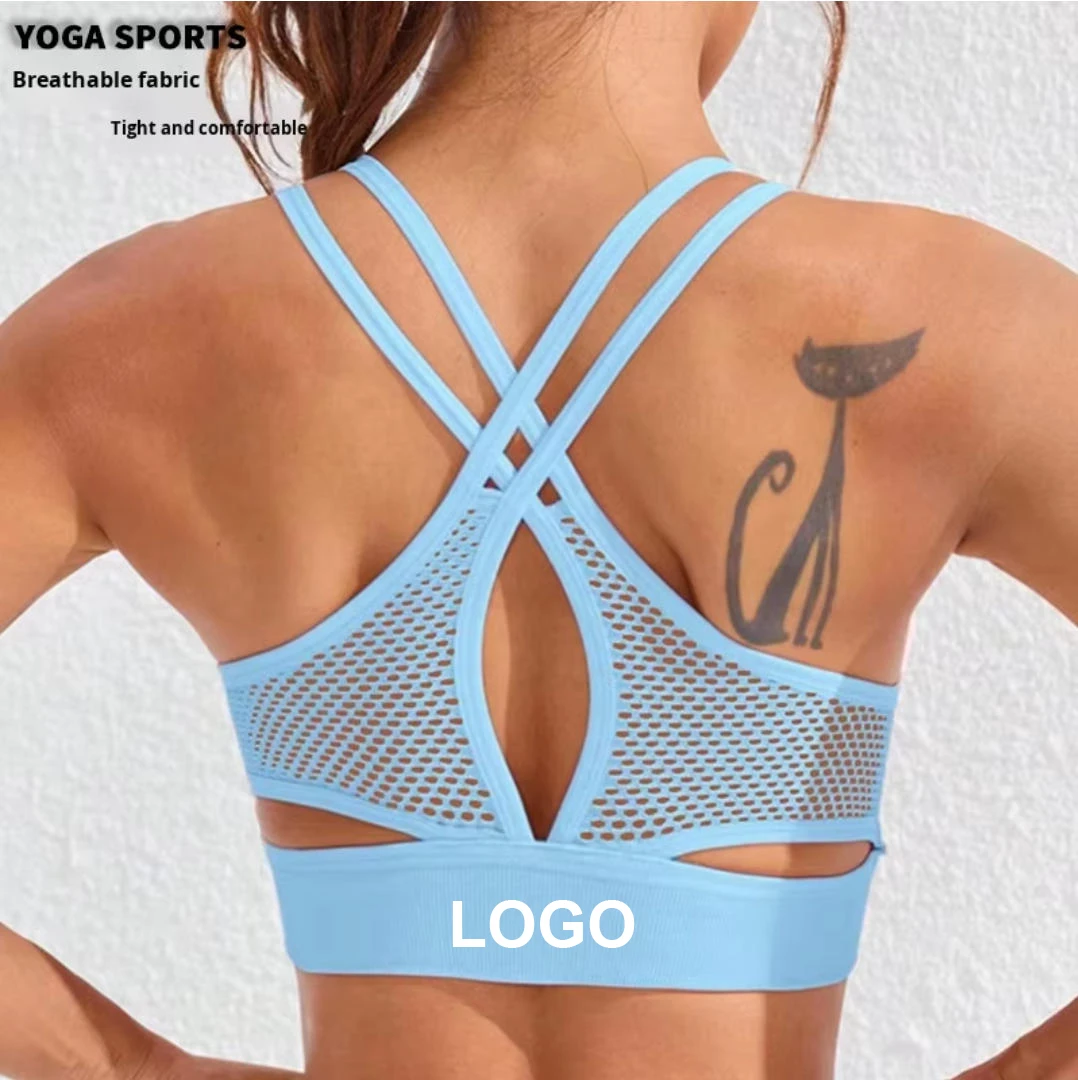 Women's Lightweight Breathable High Support Double Shoulder Strap Yoga Sports Bra Crisscross Straps High Elasticity Front Logo
