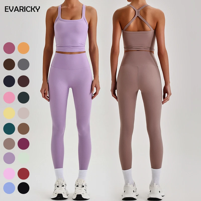 EVARICKY Hot Selling 2PCS Yoga Set Quick Dry Gym Activewear Sports Tank Top High Waist Leggings Set for Women Fitness Clothing