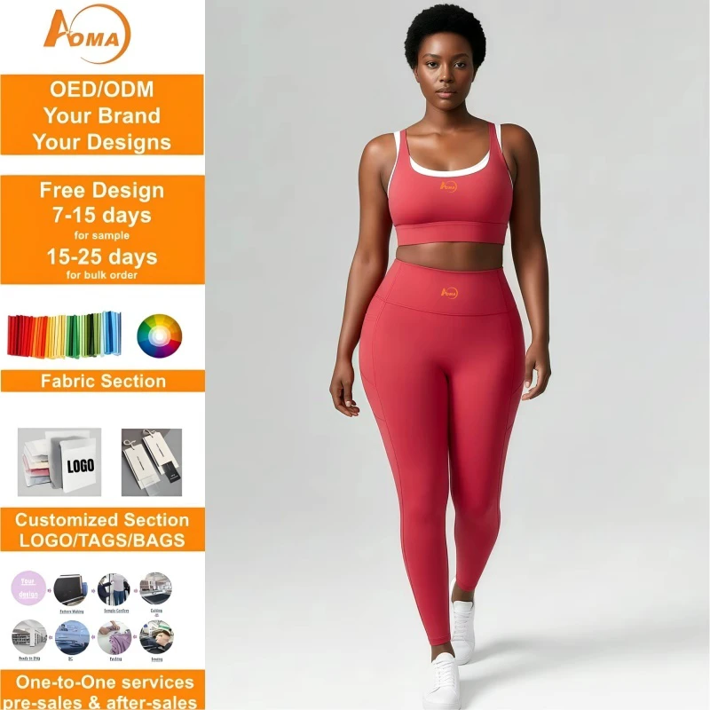 Aoyema High-Waist Solid Seamless Yoga Pants Side Pockets Supportive Sports Bra Set-Lightweight Four-Way Stretch Fitness Set