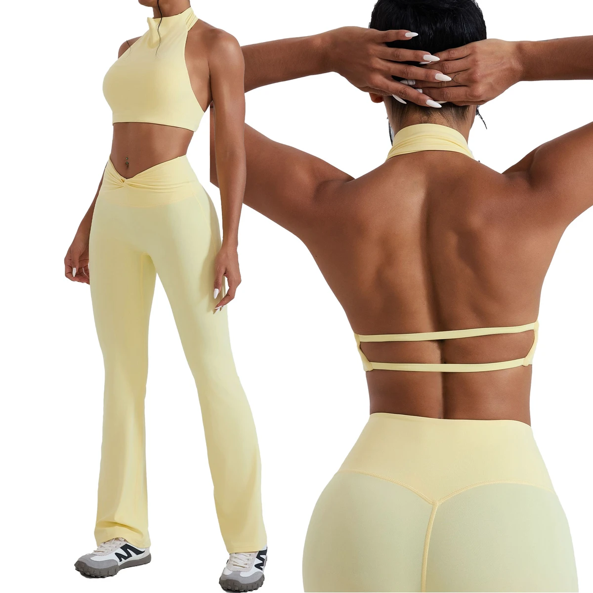 Women Sexy Backless Sportswear Suit Halter Open Back Gym Fitness Set Four-Way Stretch Breathable 2 PCS Active Wear Set