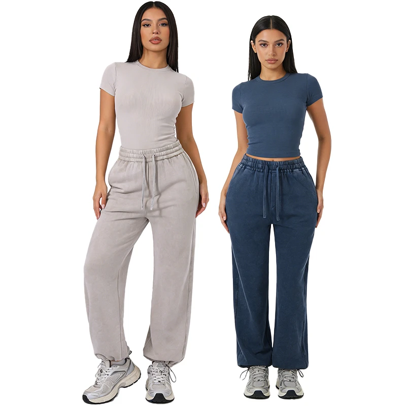 Sports Pants Mid Waist Loose Fit Wide Leg Comfortable Breathable Terry Cotton Washed Leggings Women's Spring