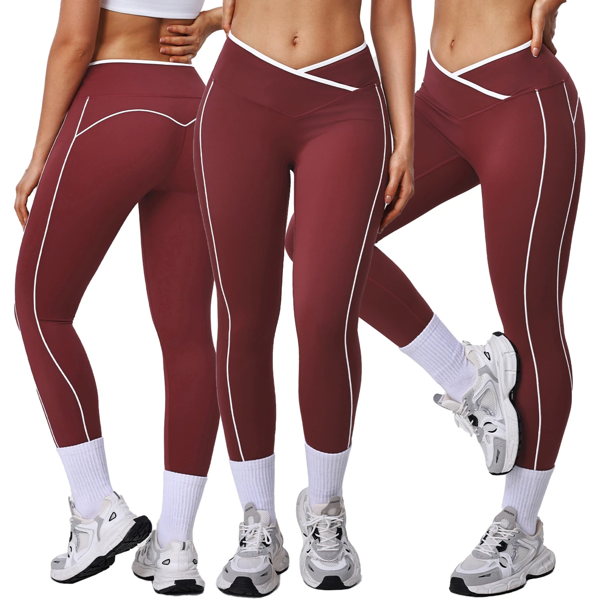 High Elastic Waist Solid Cross Yoga Leggings for Women-Four-Way Stretch Quick Dry Running Tights with Naked Feel