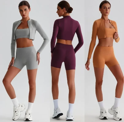 Two Pieces Breathable Yoga Clothes Set Long Sleeve Tops Zipper Jacket Clothes Crop Top High Waisted Shorts Women's Sportswear