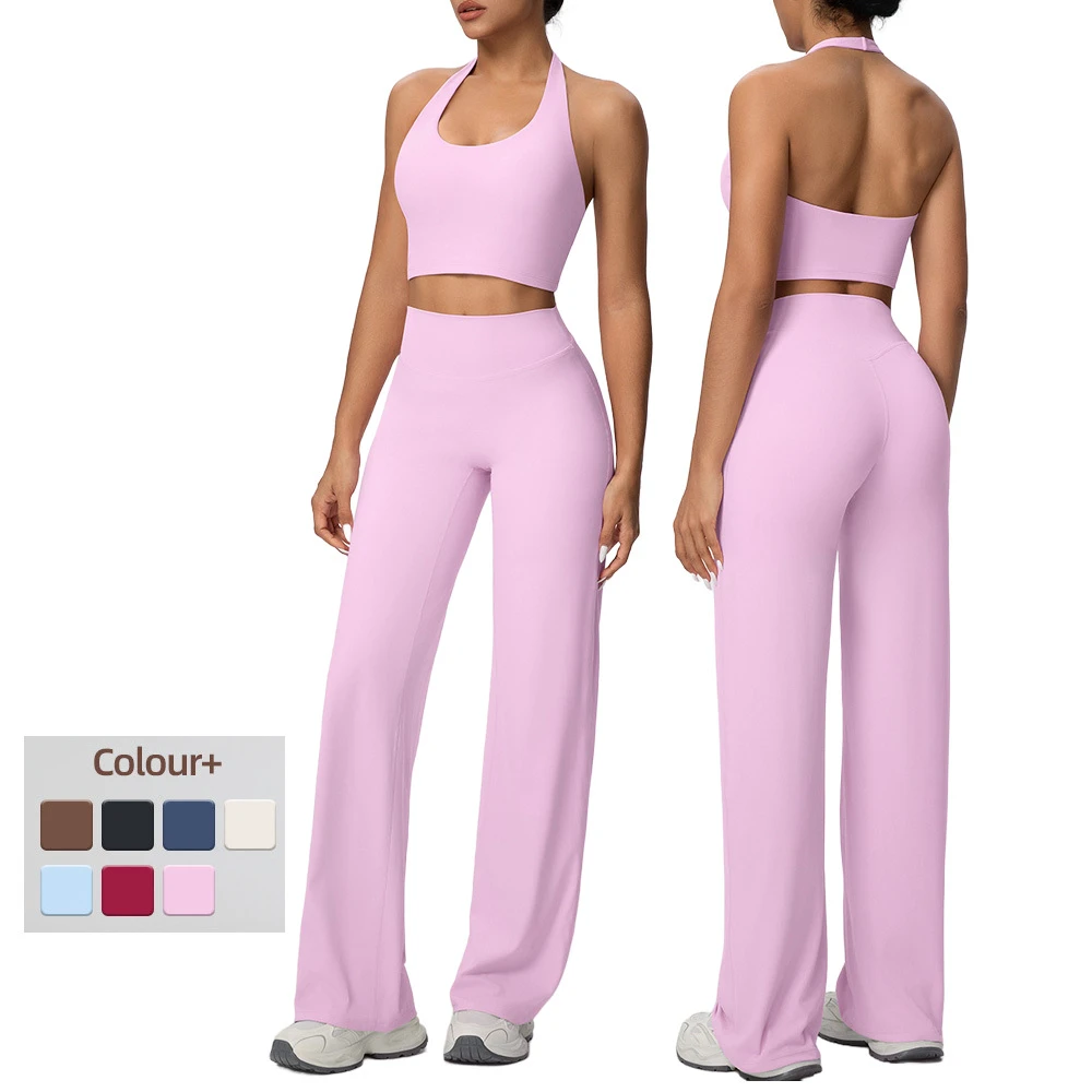 Women's 2 Piece Yoga Set Halter Backless Sports Bra High Waist Wide Leg Pants Buttery Soft Workout Activewear