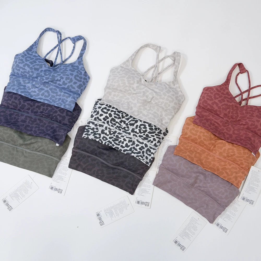 Wholesale Sexy Double Shoulder Strap Women Backless Crop Sports Bra Custom Logo Detachable Chest Pad Leopard Sport Yoga Bra