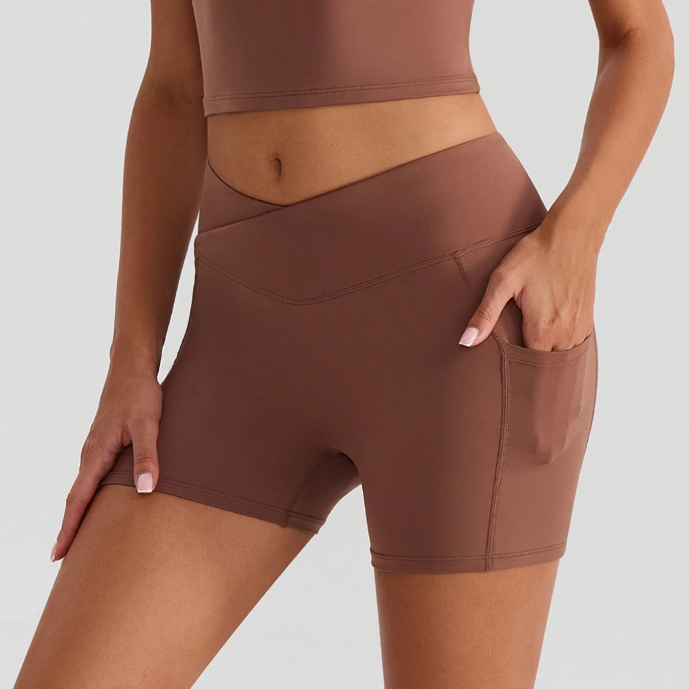 High Waist V Shape Side Pockets Women Yoga Shorts Nude Feel Quick Dry Shapewear Fitness Shorts for Women Wholesale