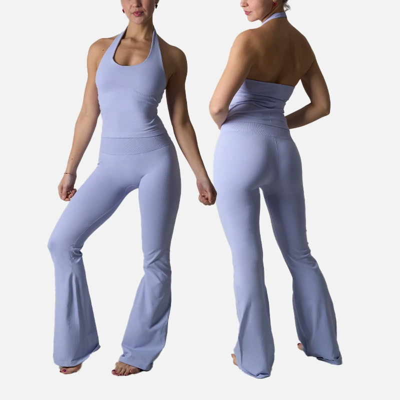SK5126&SK5121 Seamless Knit Yoga Set Halter-Neck Off-Shoulder Top and Flared Bootcut ButtLifting Pants