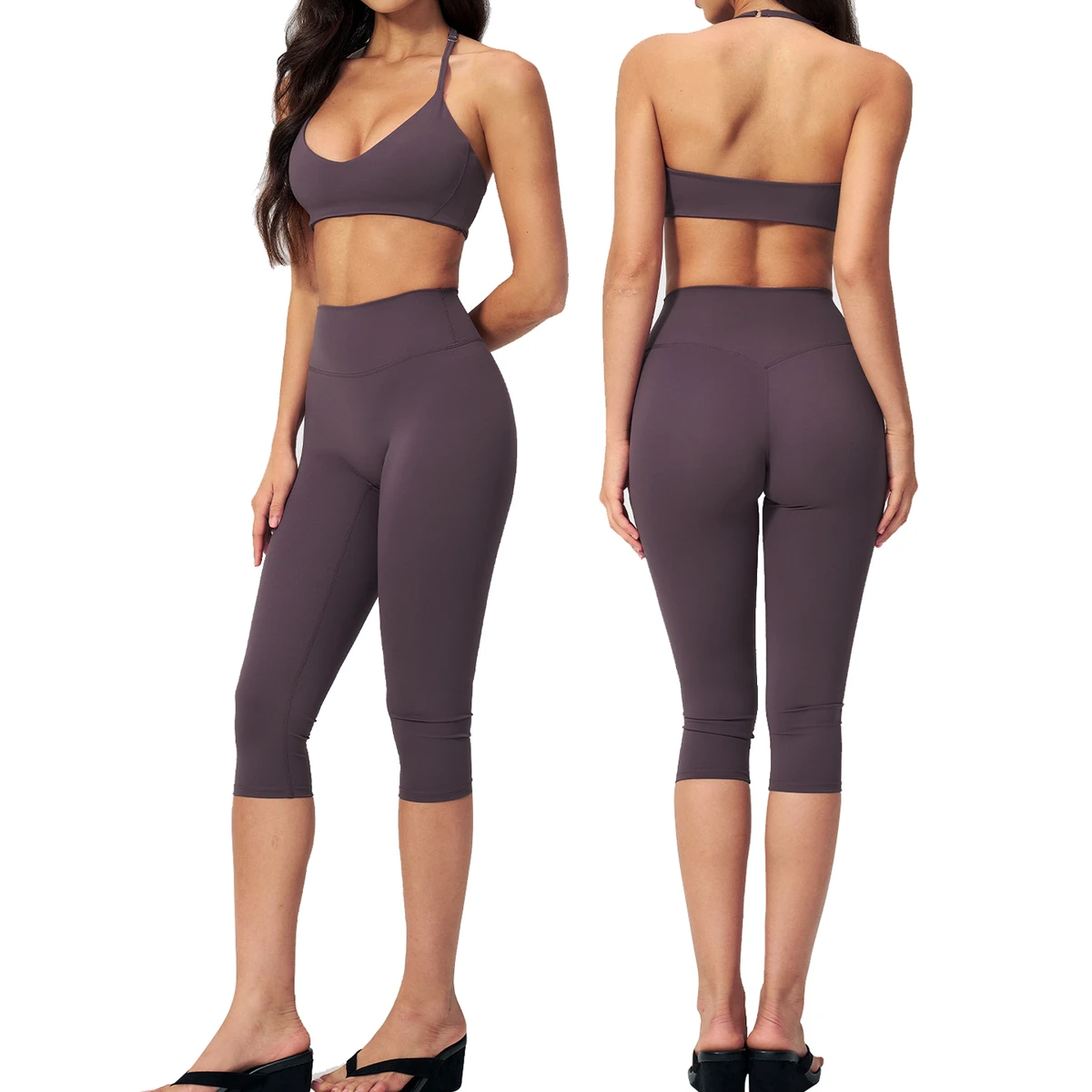 Cross-Border Fashion Solid Capri Yoga Suit 2-Piece Set High-Waisted Four-Way Stretch Quick-Drying Summer Fitness Training Suit