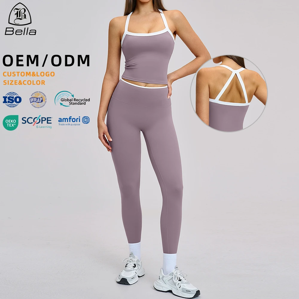 Ropa Deportiva Mujer Custom Women Activewear Workout Sets Halter Tank Tops High Waist Yoga Leggings Gym Fitness Sets