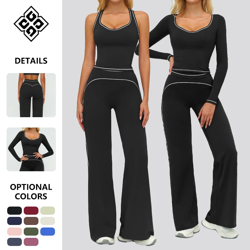 Fashion Sport Long Sleeve Yoga Top Set Custom Logos Built-in Bra Quick Dry Slim Fitness Sports Pant Wear