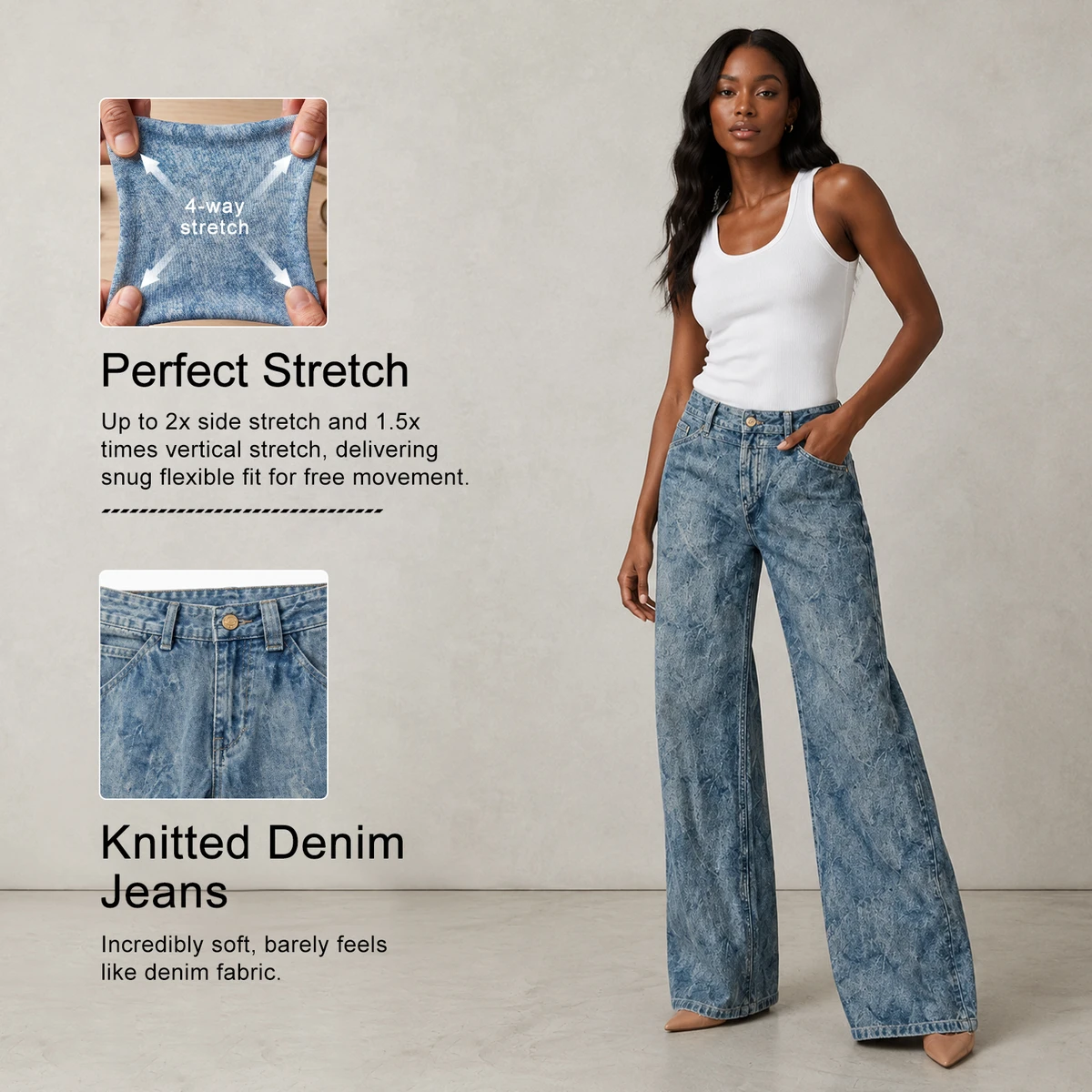 Bulk Discount Mid Rise Enzyme Wash Straight Leg Knitted Jeans, Casual Classic Denim Trousers for Women Daily Street Wear