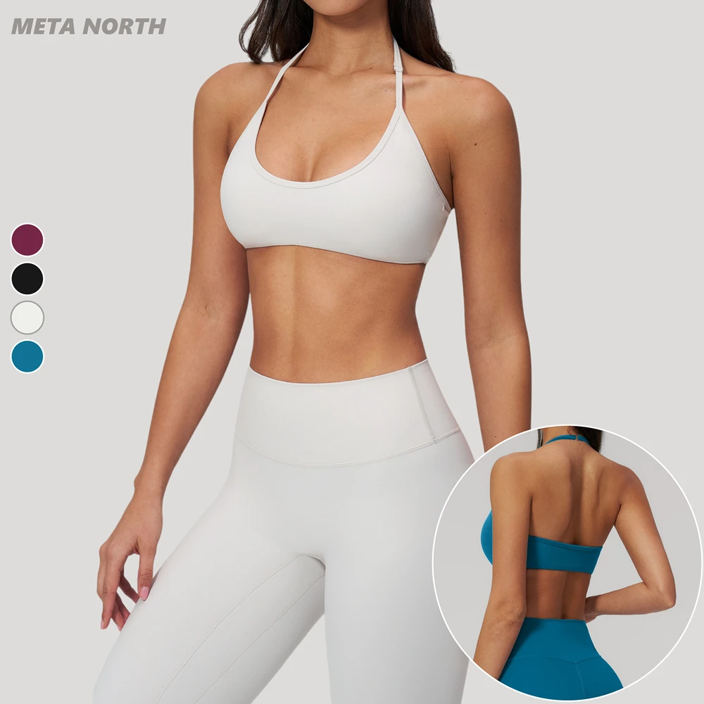 Custom Logo Buttery Soft Deep U Neck Backless Halter Workout Sport Bra Women's Fitness Hollow Back Sexy Crop Top Gym Bra