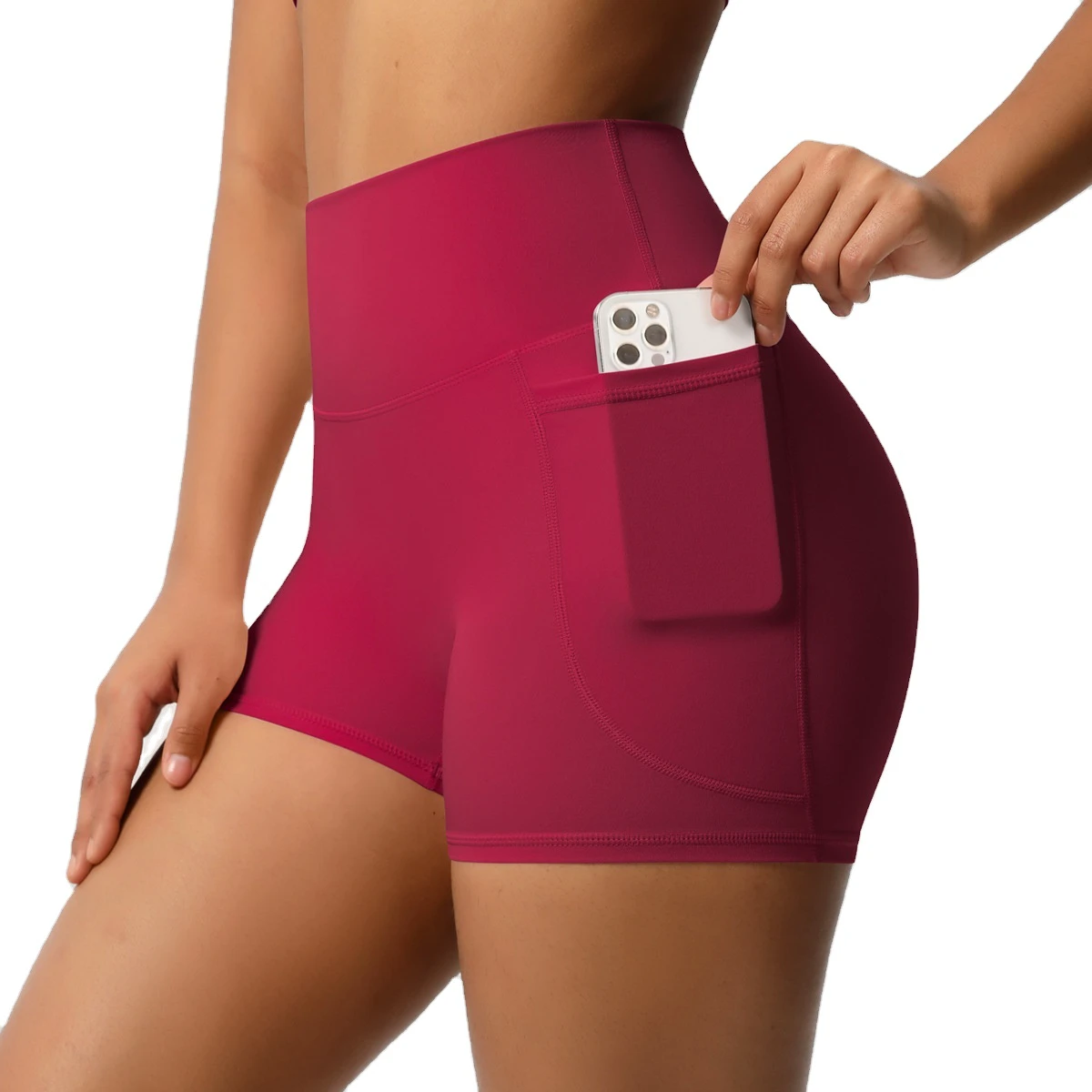 Women's High Waist Breathable Three-Point Fitness Sports Pants Solid Color Workout Shorts Abdomen a Shorts Solid Color Pocket