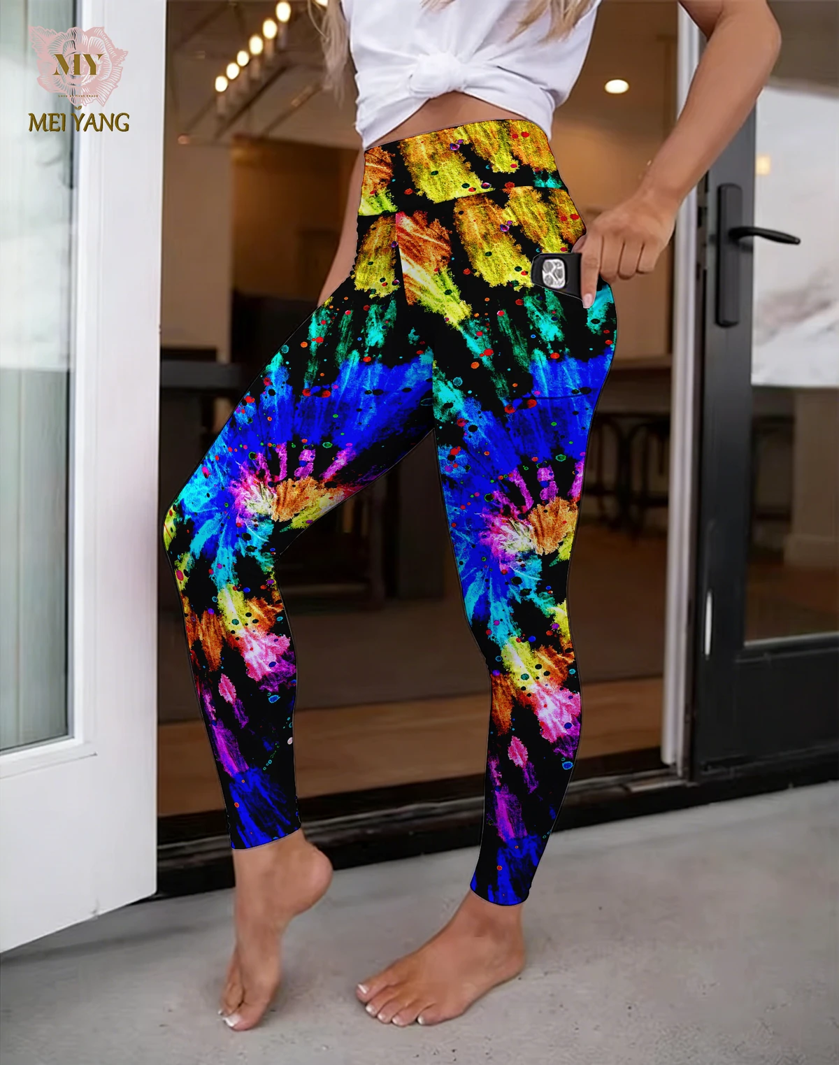Meiyang Custom Printed Impact Leggings High Waist Yoga Sweat Pants Tie-dye Print Leggings with Pockets Women's Clothing