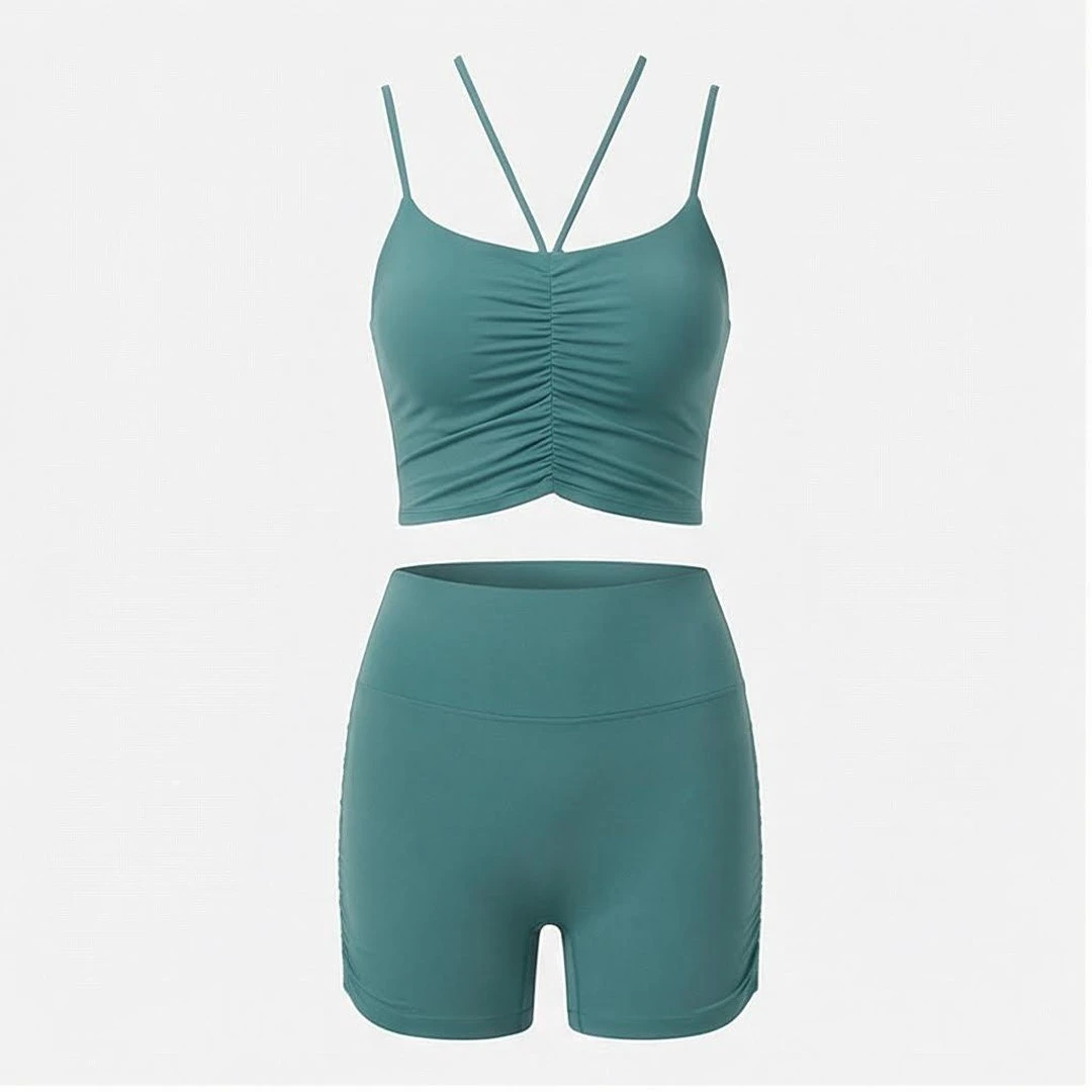 2 Piece Yoga Set Ruched Crisscross Straps High Waist Shorts Solid Color Print Seamless Breathable Sportswear Women's Activewear