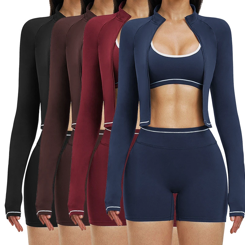 TZ3562-7 Y Shape Cross Back Yoga Bra Hip Line Shorts Biker Full Zipper Stand Neck Jacket Yoga Sports 3 Piece Sets