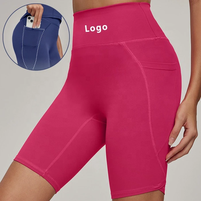 Women High Waist Yoga Fitness Gym Active Biker Athletic Tummy Control Workout Running Outfits Volleyball Shorts With Side Pocket