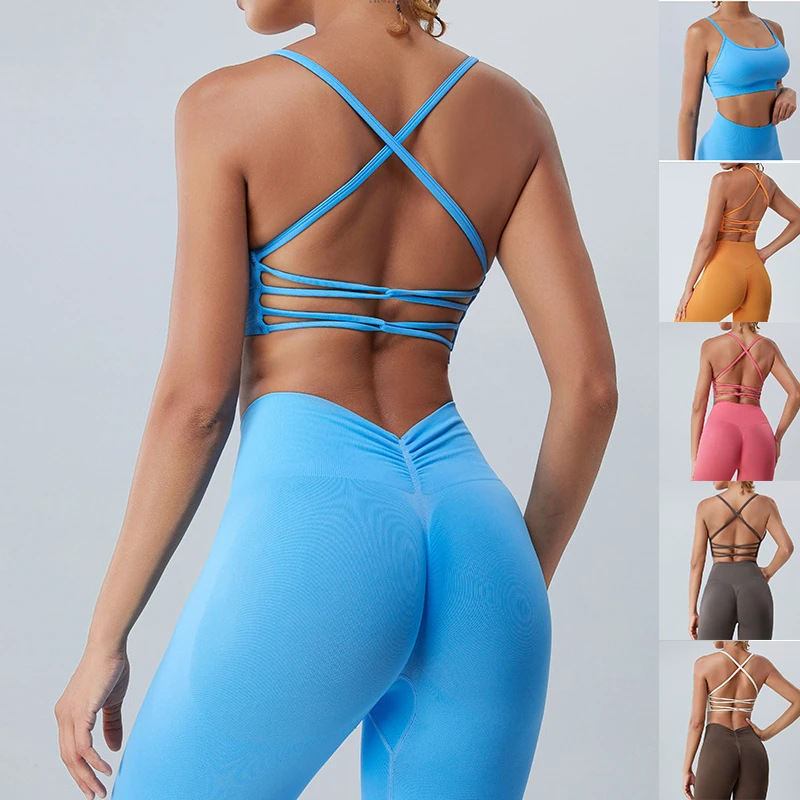 Wintu 5C Women Bodybuilding Bra Cross Straps Custom Logo Colourful Yoga Top Fitness Wear Padded Seamless Sports Bra