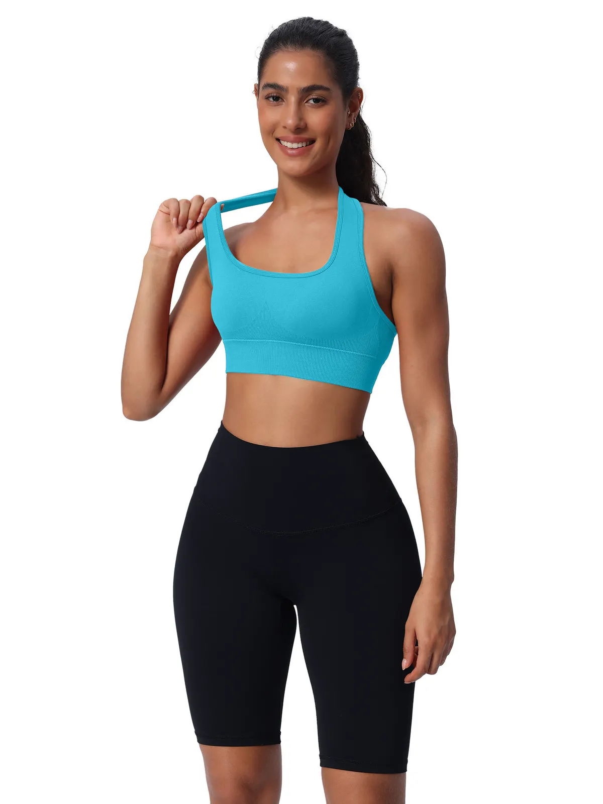 Women Light Blue Seamless Sports Bra Crisscross Straps Medium Support Gym Fitness Solid Color Hollow Out Design