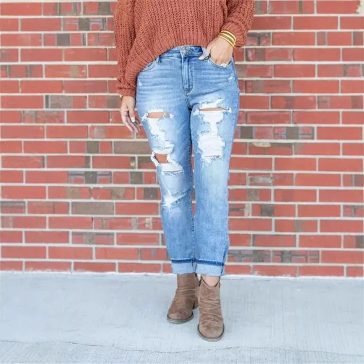 Women's Spring/Summer Light-Colored Skinny Mid-Rise Jeans Distressed Long-Length Denim Pants Streetwear Bodycon Trousers