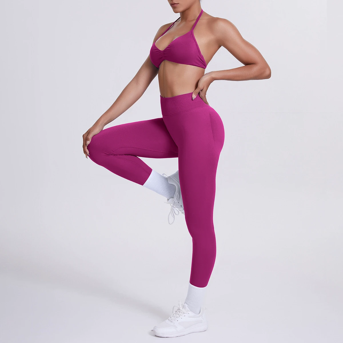 Women's Seamless Workout Set - Halter Backless Sports Bra & High Waist Butt Lifting Leggings 2 Piece Gym Fitness Outfit