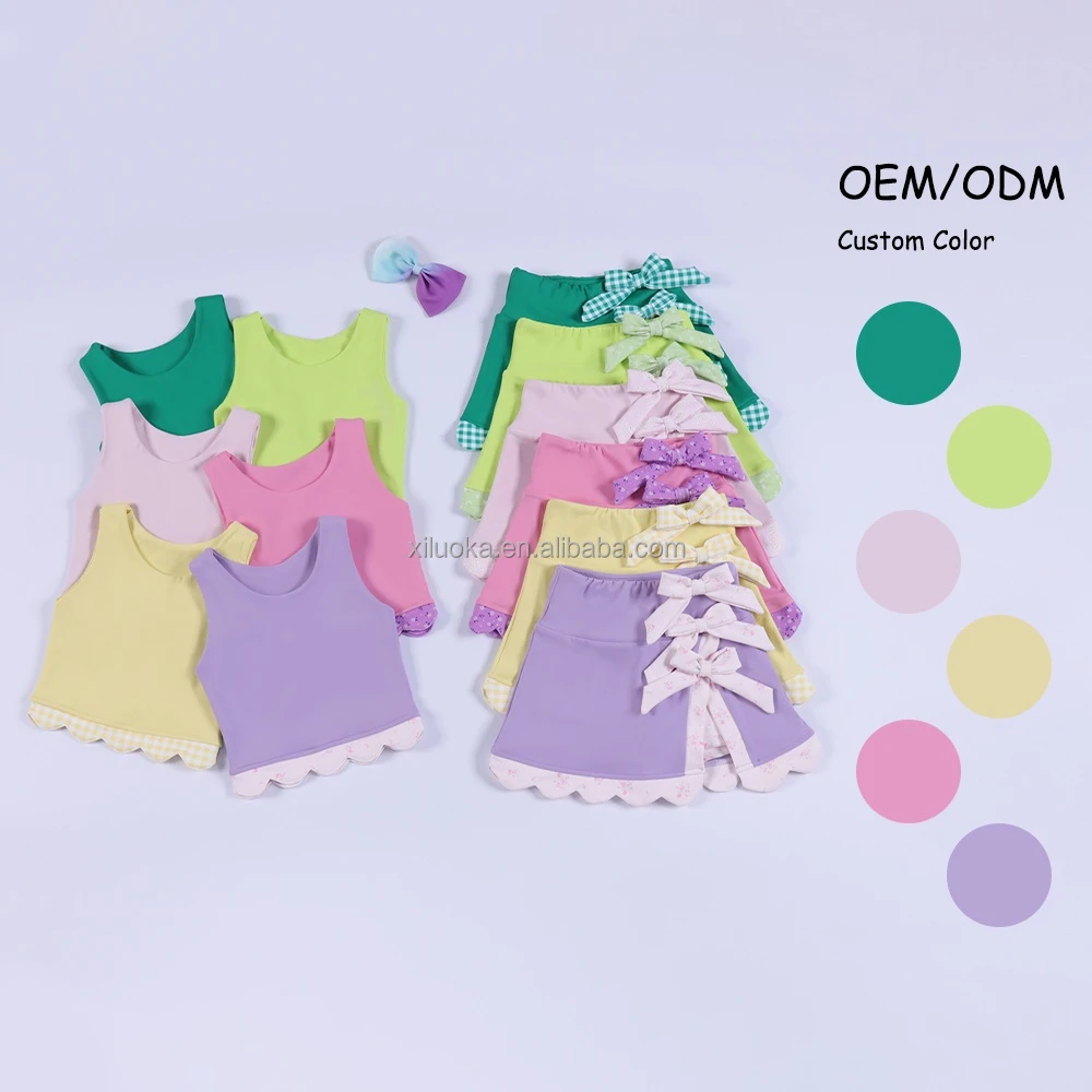 Toddler Girl Yoga Sleeveless Tank Skirt Set Bow Decor Built In Shorts Fashion Casual Custom Fast Shipping