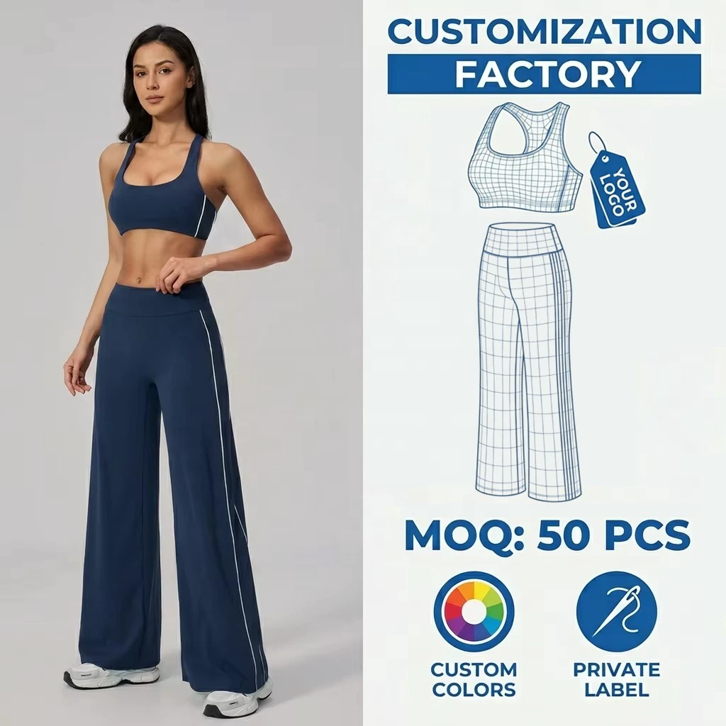 Custom Label Navy Blue Sports Bra And High Waist Wide Leg Pants With White Side Stripe 2 Piece Yoga Set Gym Wear For Women
