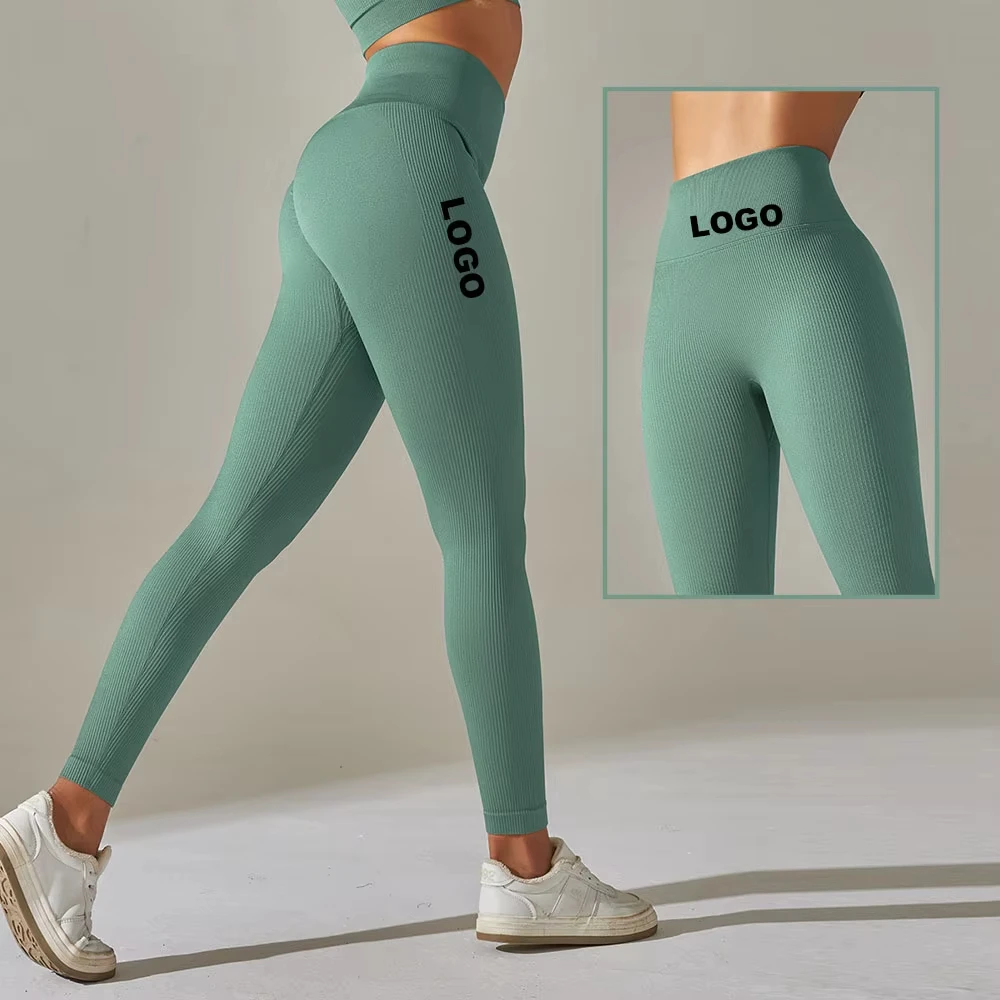 Hot Style Pants High Waist Full Length Solid Green Yoga Legging With Ribbed Texture Elastic Waist Four-Way Stretch Seamless Pant