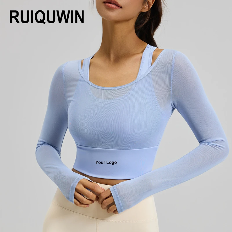 RUIQUWIN Custom Logo Women Sexy Breathable Sports Long Sleeve Quick Dry Mesh Yoga Bra Solid Color Fitness Top