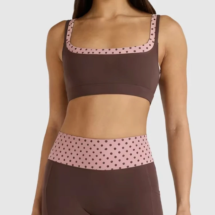 Custom Breathable Recycled Fabric Double Layer 2 in 1High Elasticity Dots Printed Contrasting Color Breathable Women Yoga Set