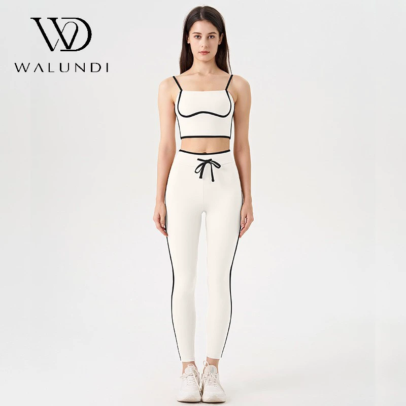 Stylish Solid Yoga Set with V-neck Short Sleeve Suspender Top and High-waisted Elastic Waist Yoga Trousers 2-piece Cut