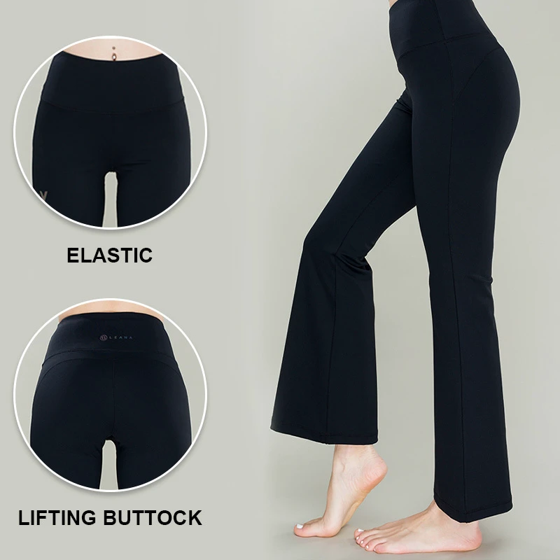 Wholesale Women's Solid Full Length High Waist Flared Pants Spandex/Nylon Workout Yoga Leggings Four-Way Stretch Moisture
