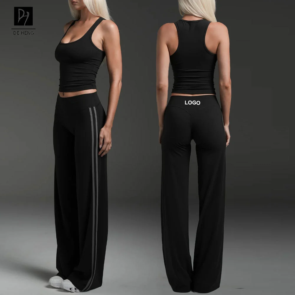 Custom Logo High Waist Color Blocking Fitness Flared Pants and Bras Active Wear Sportswear 2 Pieces Yoga Workout Sets for Women