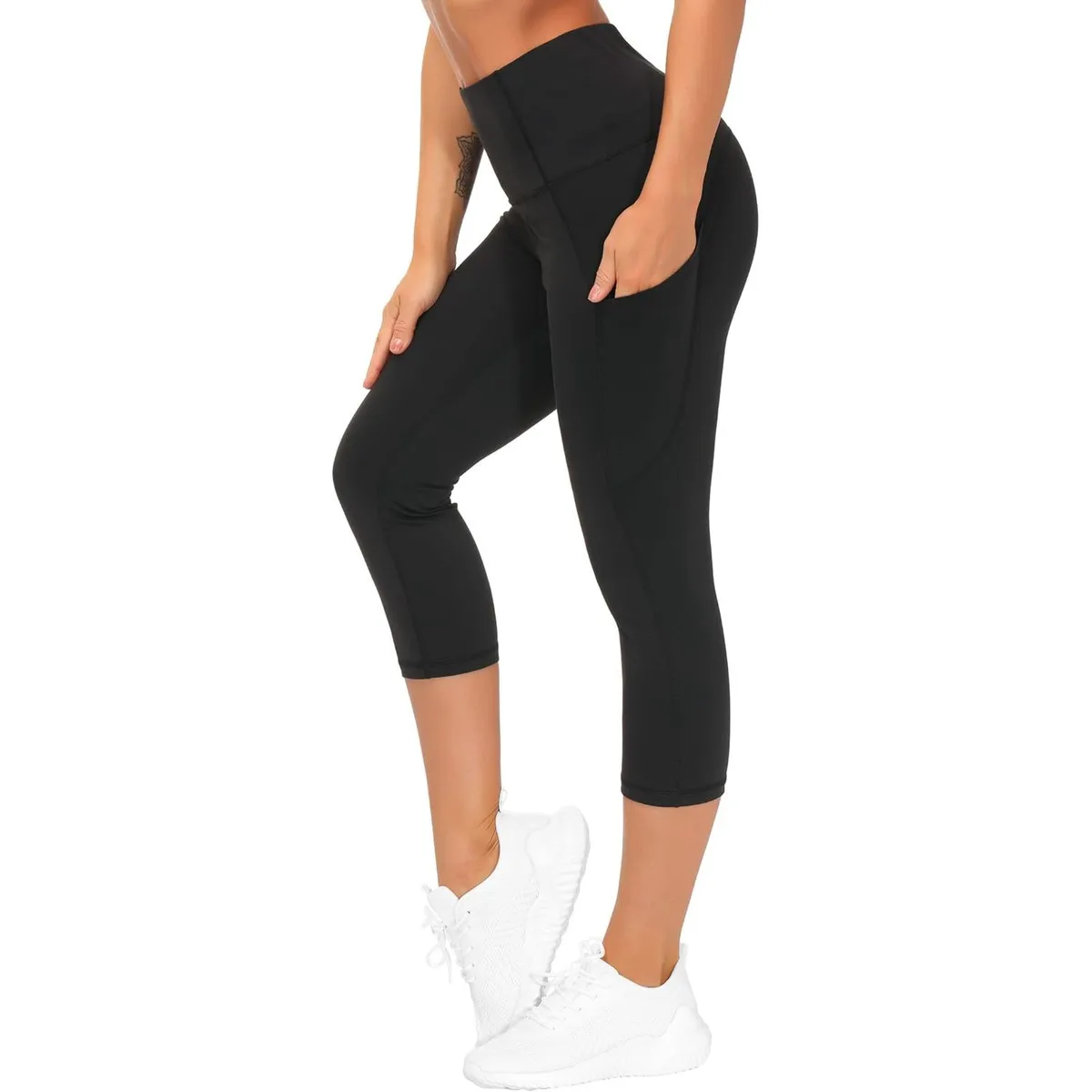 FOXA High Waist Capri Yoga Pants With Pockets Tummy Control Workout Leggings For Women