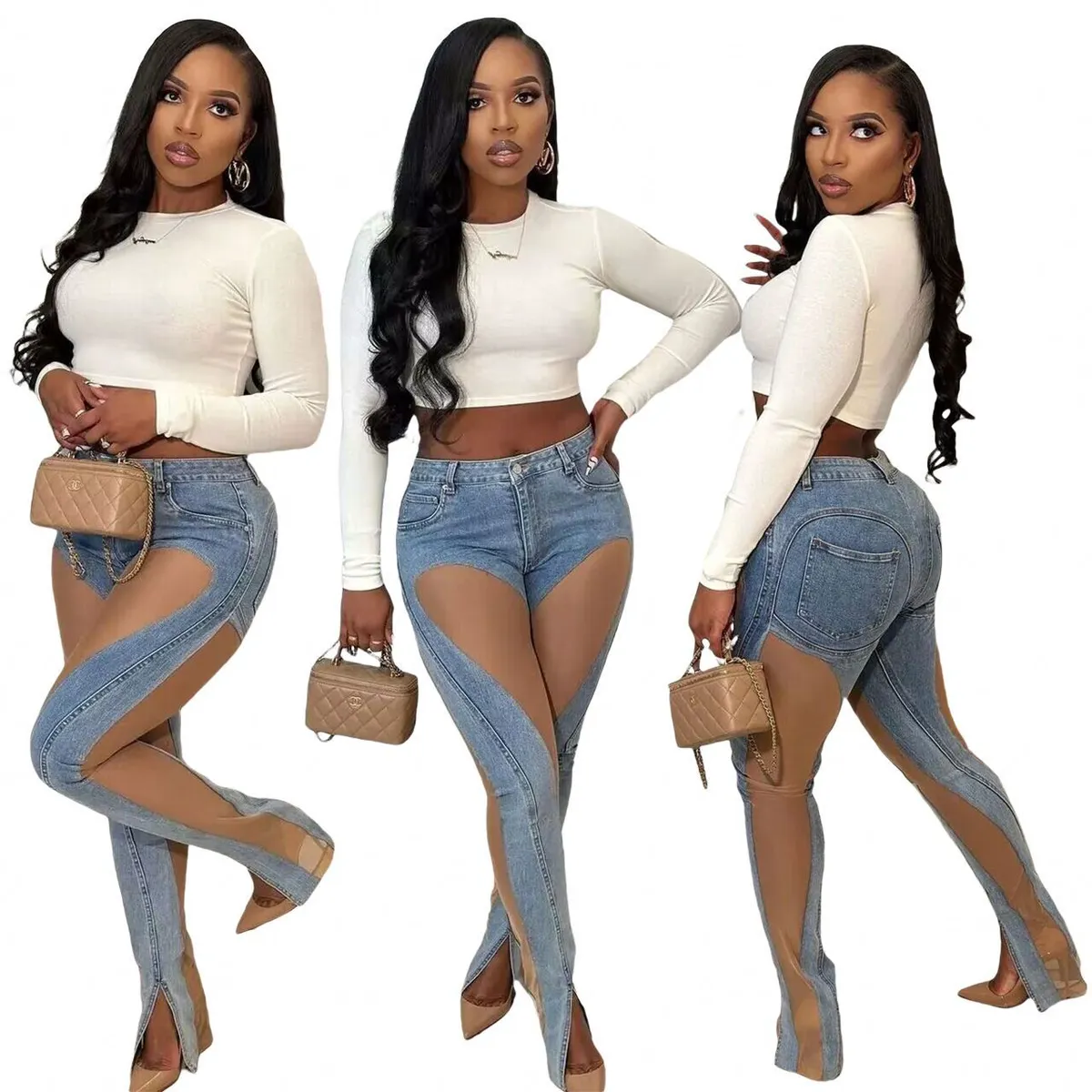 Street Wear Ladies Jean Stretch Mesh With Trousers Slit Bottom Straight Fit Denim Jeans Pants for Women