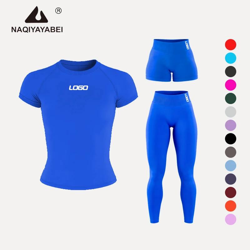 Women Seamless Yoga Set 3pcs with Impact Short Sleeve Top Shorts Leggings Fitness Gym Wear Ropa Deportiva Mujer