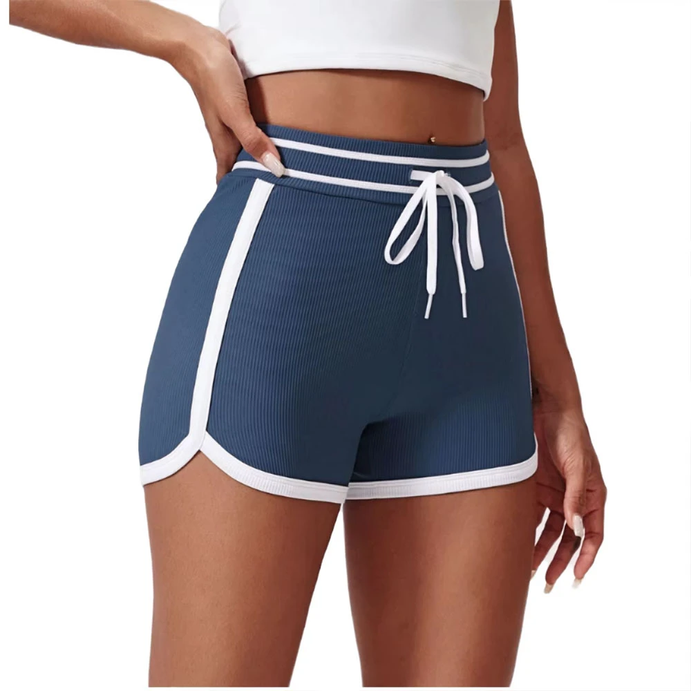 New Women's High Waist Tummy-tightening Yoga Shorts Drawstring Anti-Odor Custom Contrast Spandex/Nylon Striped Quick Dry Stylish