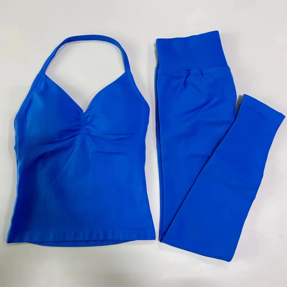 2 Pieces Set Leggings Set Women Backless Tank Tops High Waist Scrunch Gym Suit Fitness Clothes Outfit Workout Yoga Set