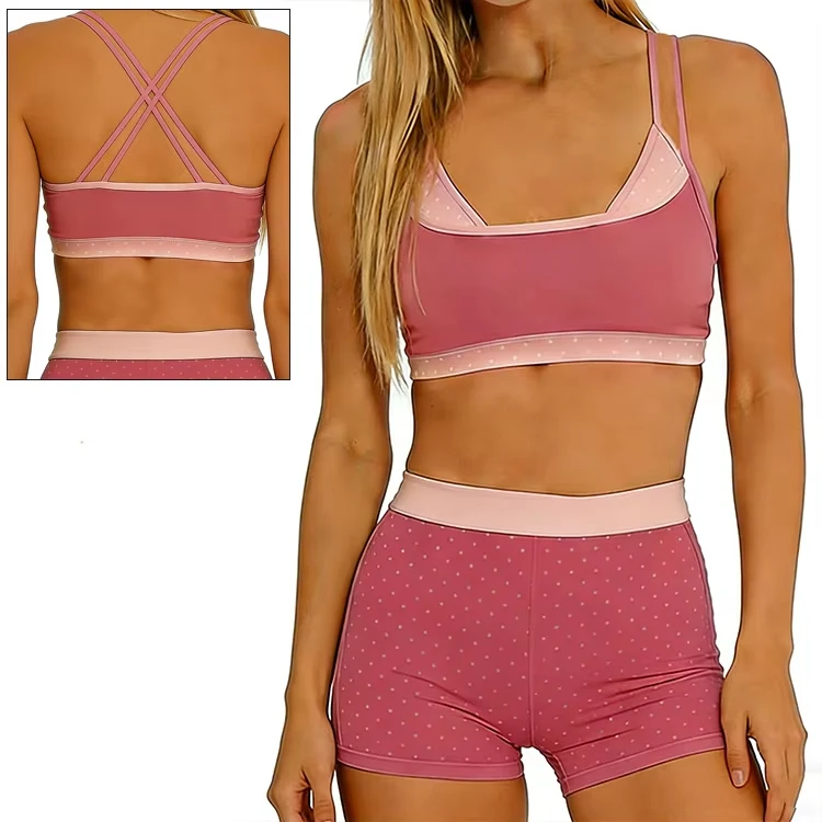 2 in 1 Dots Printed Contrasting Colors Gym Fitness Women Yoga Set Tummy Control Shorts High Elasticity Bra Quick Dry Tracksuits