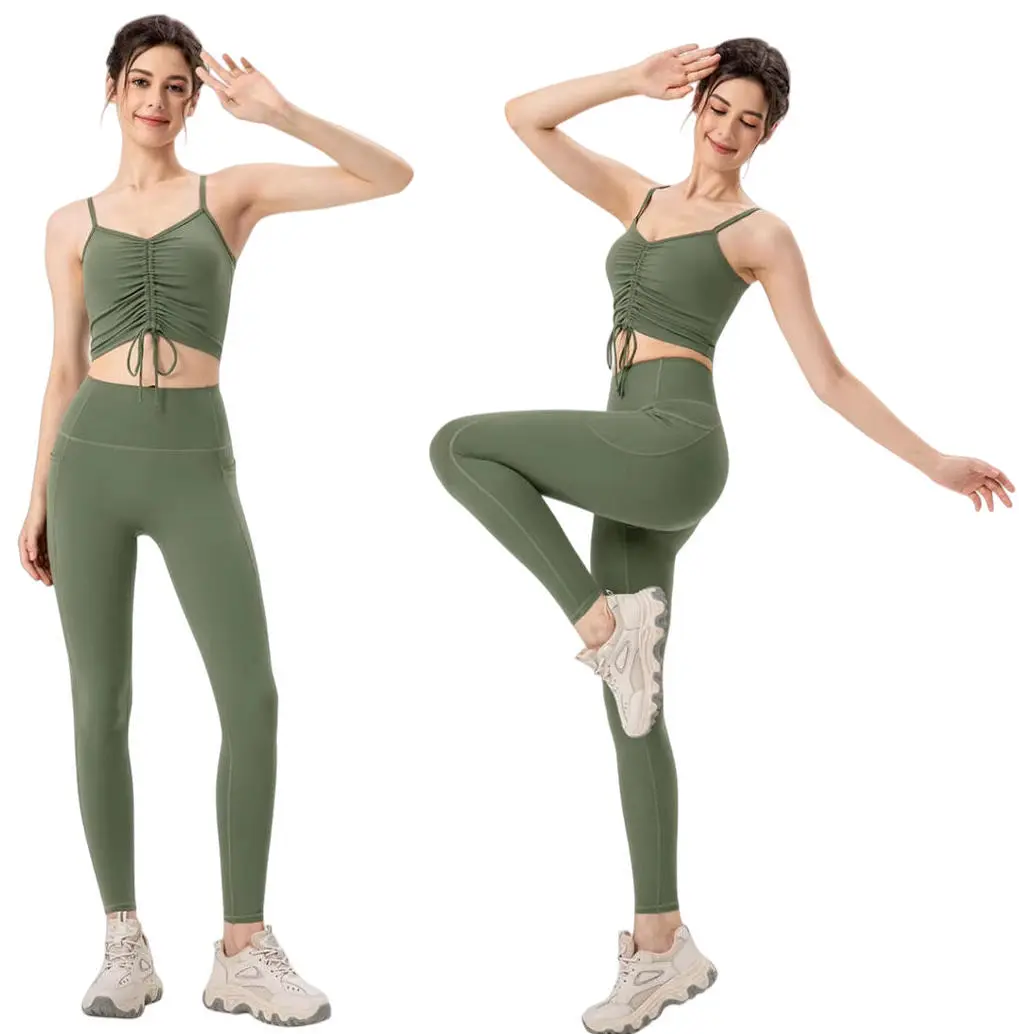 Women's 2PCS Active Wear Set Stretchy Pleated Shockproof Crop Top High Waist Pants Fitness Yoga Wear Suit with Pockets