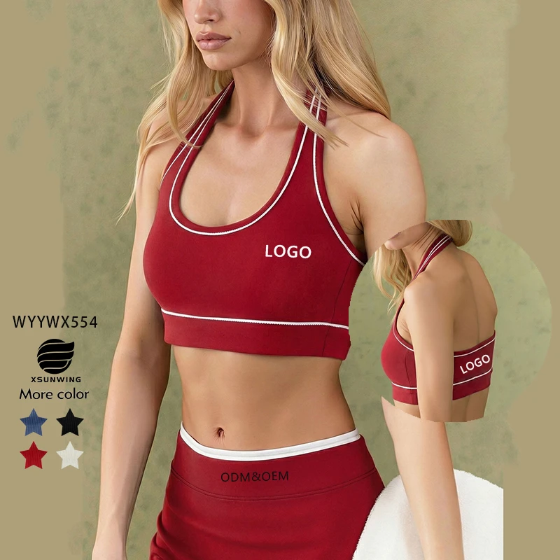 Xsunwing Custom Logo Women High Support Open Back Yoga Sports Bra Removable Pads Neck-hang Design Workout Gym Tank Tops WYYWX554