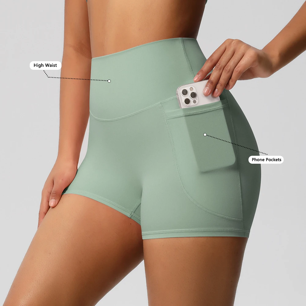 Wholesales Workout Compression Tights High Impact Tummy Control Pants Gym Fitness Athletic Yoga Sports Shorts With Side Pockets