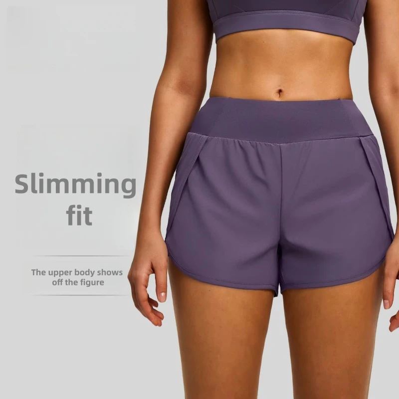 Solid Tummy Control Women's Anti-walking Side Pocket Loose Running Fitness Yoga Sports Shorts