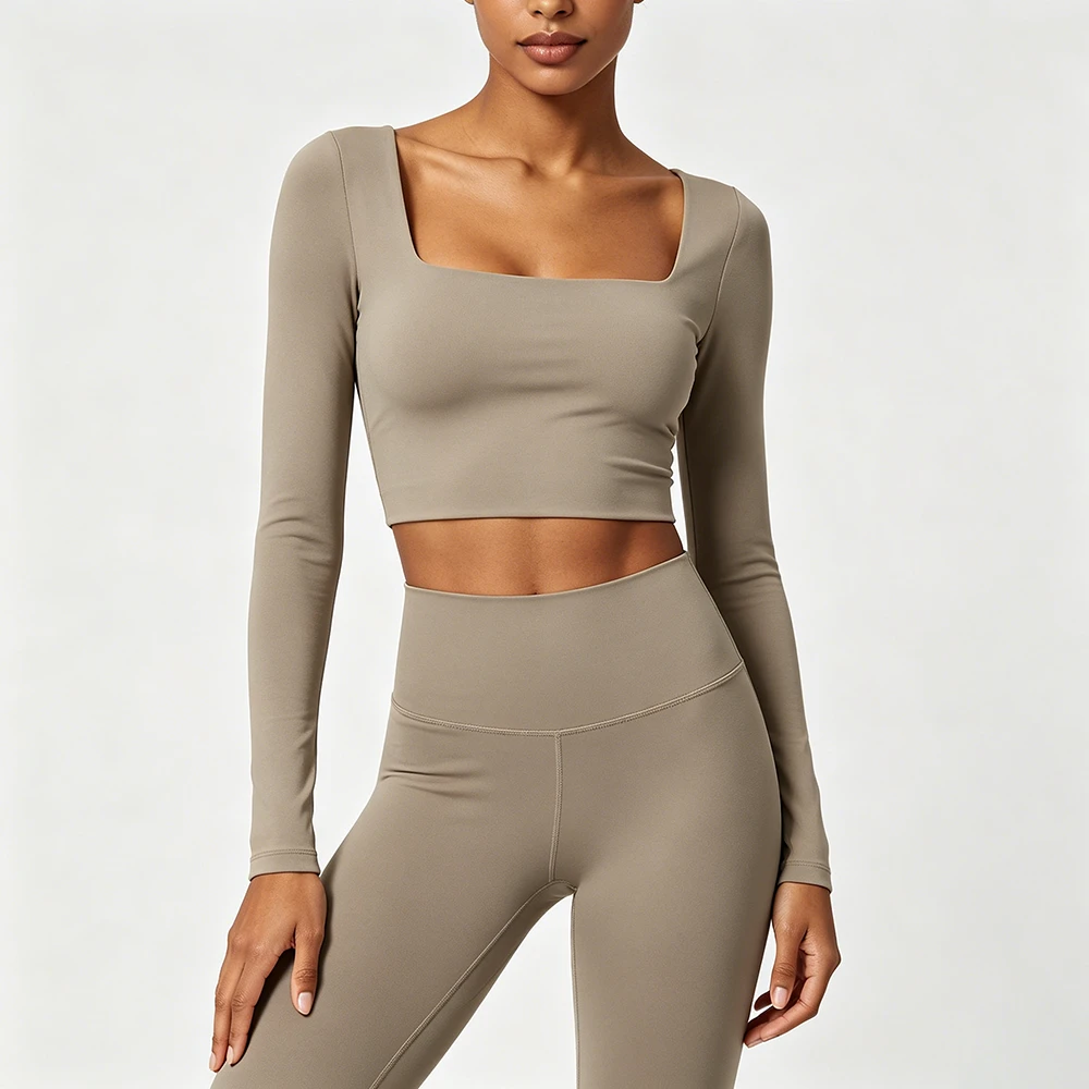 Solid Breathable Square Neck Long Sleeve Crop Top High Waist Leggings Yoga Set 2-Piece Activewear Four-Way Stretch Front for