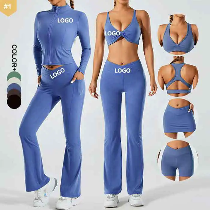 Factory Price Gym Clothing Women Sports Set Fitness Bra Yoga Jacket High Waist Leggings Biker Shorts Workout Skirt Yoga Sets