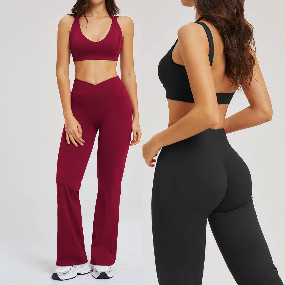 New Lightweight Breathable 2 Piece Print Sports Suit High Support Halter Bra Cross Waist Pockets Flared Leggings Women Yoga Set